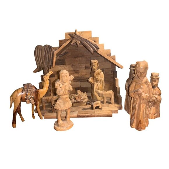 Hand Carved Nativity Set , Olive Wood, 13 Pcs. The Holy Land Bethlehem - Picture 1 of 9